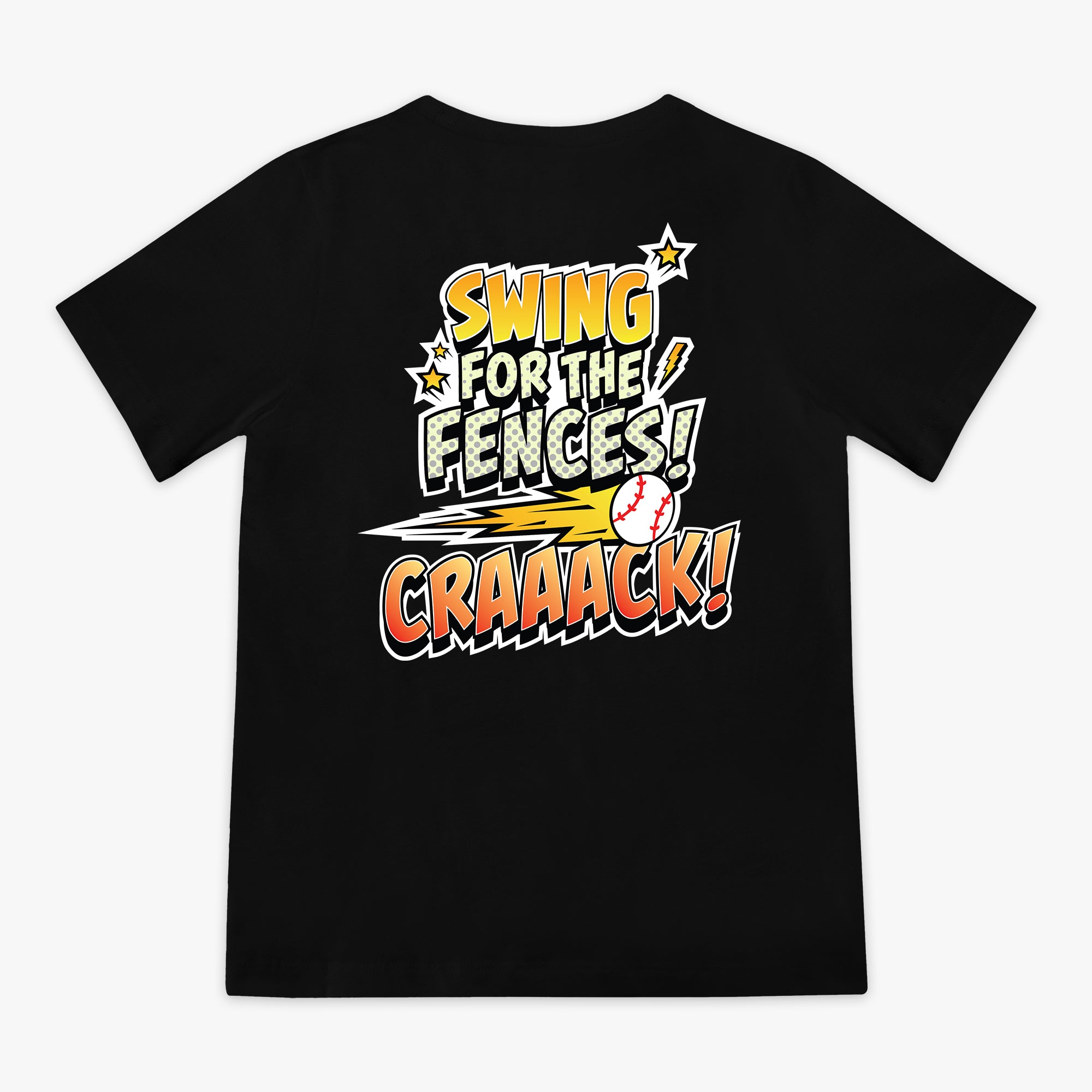 Black youth graphic tee with "Swing For The Fences" design — back view