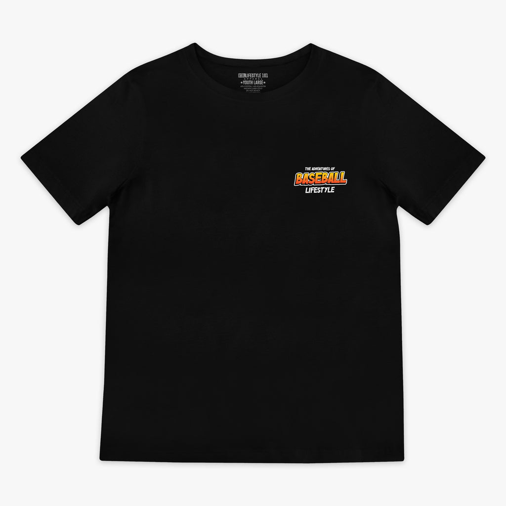 Black youth graphic tee with "Swing For The Fences" design — front view