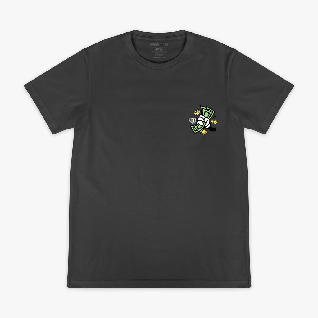 Black t-shirt with a small hand holding money graphic on the chest against a white background