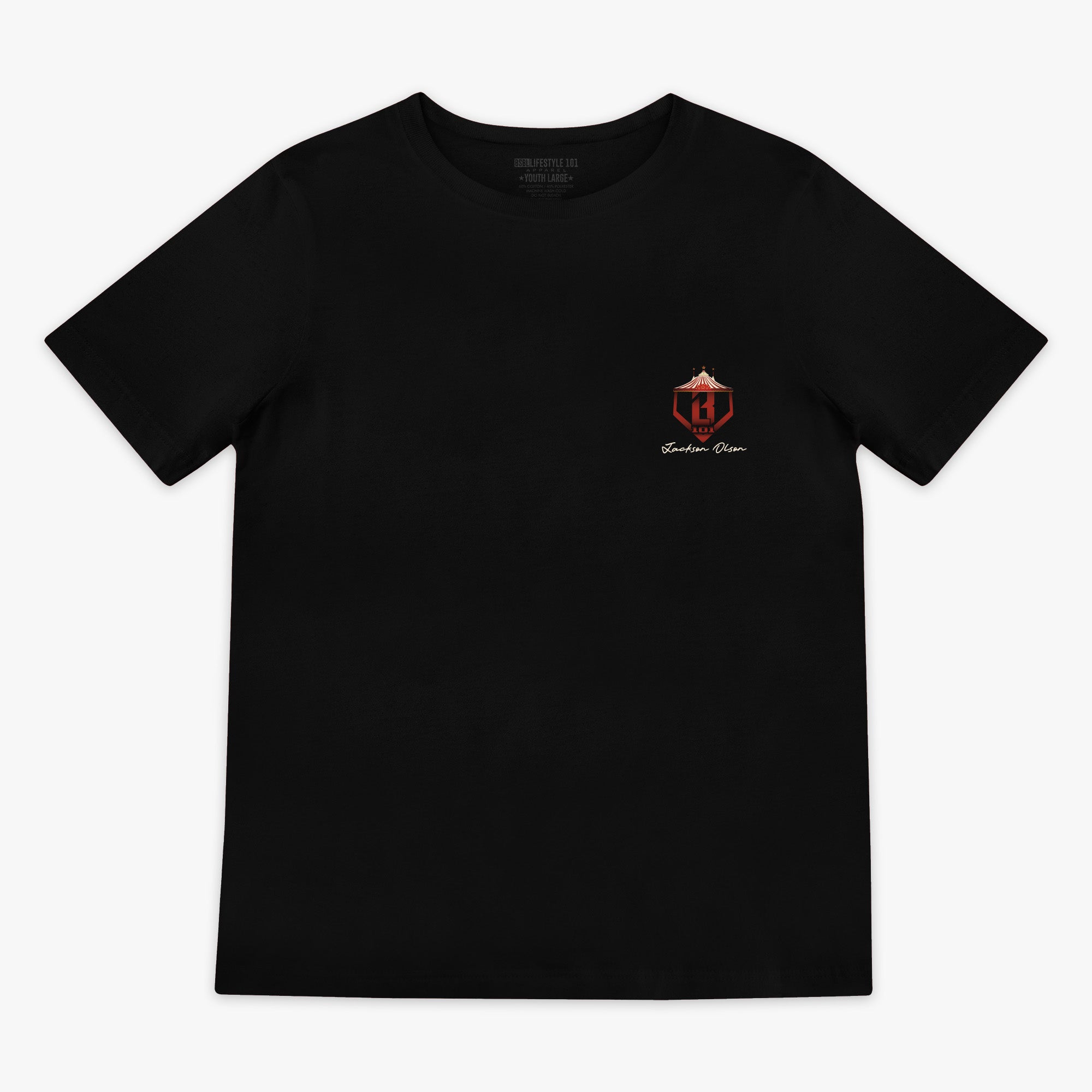 Black t-shirt with a small red and white 'BL101 Jackson Olson' logo on the chest against a white background