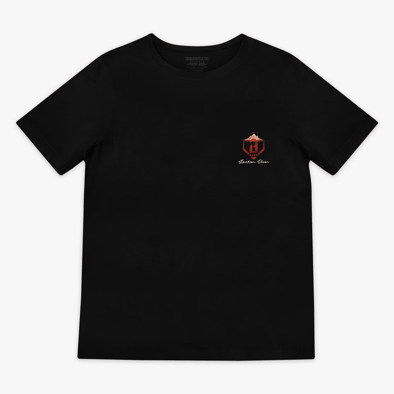 Black t-shirt with a small red and white 'BL101 Jackson Olson' logo on the chest against a white background