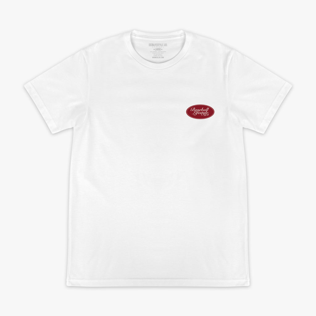 Flat lay front of white tee with red oval Baseball Lifestyle 101 chest graphic.