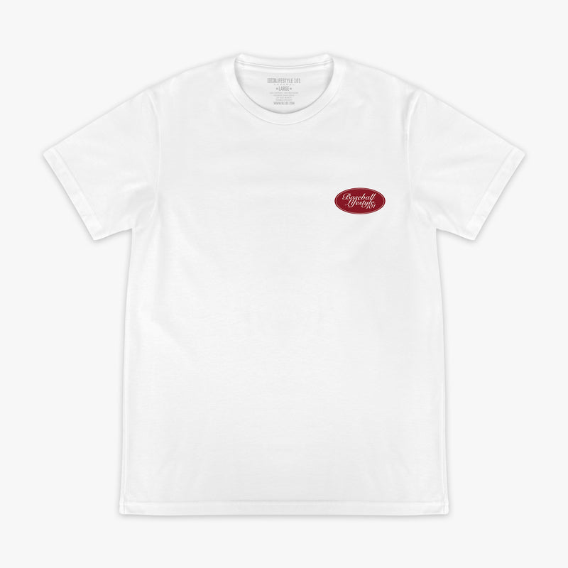 Flat lay front of white tee with red oval Baseball Lifestyle 101 chest graphic.