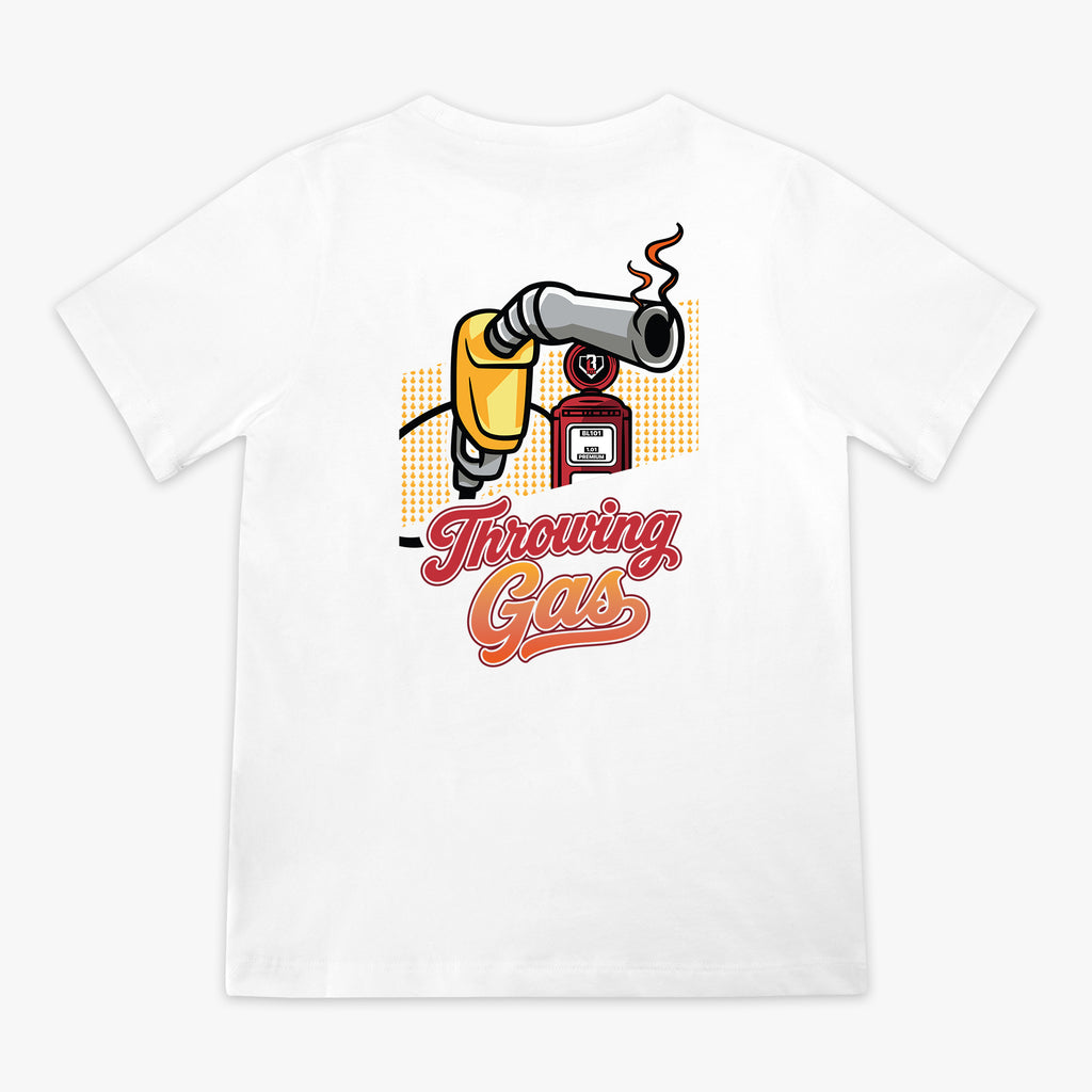 Flat lay back of white tee with colorful gas nozzle and vintage pump illustration and "Throwing Gas" script graphic.