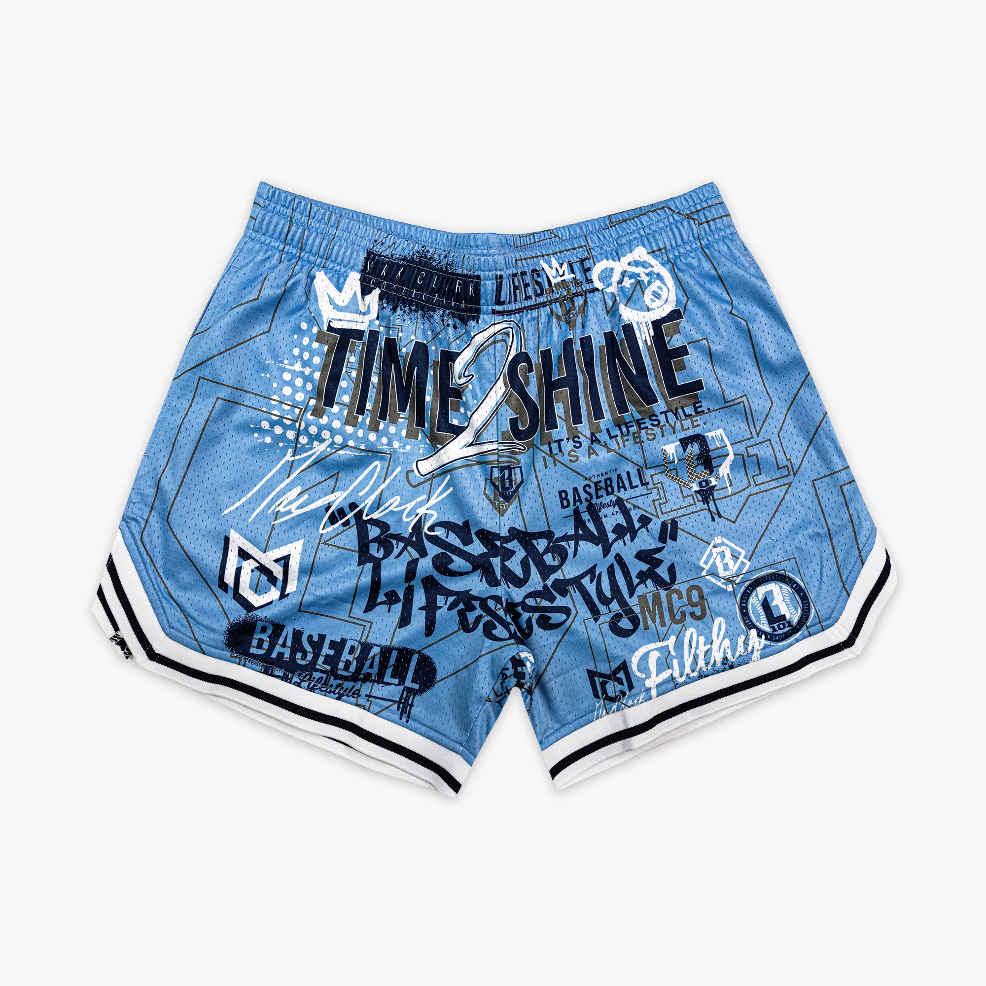 Blue shorts with text and graphics on a white background