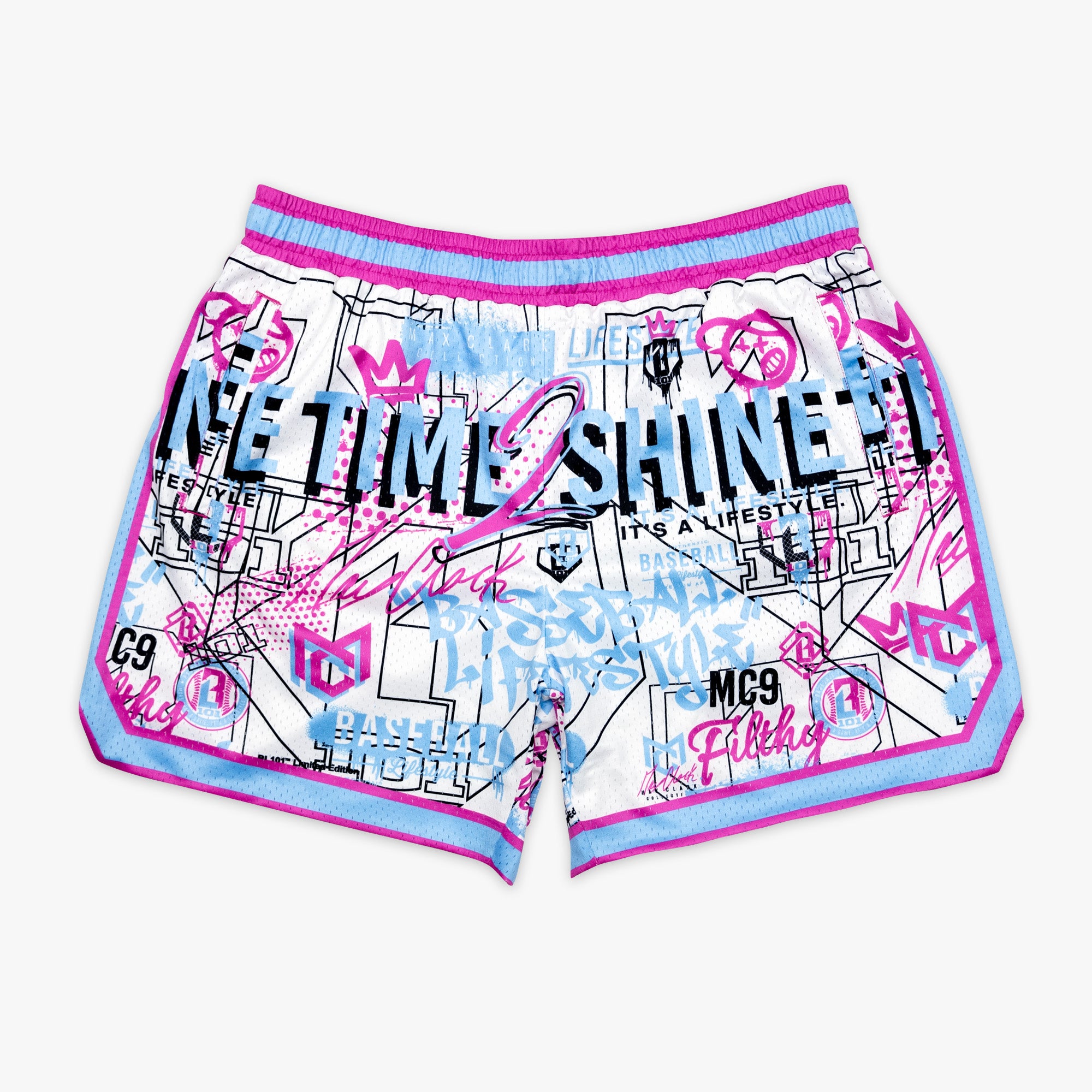 Adult model wearing shorts with “Time 2 Shine Icons” design