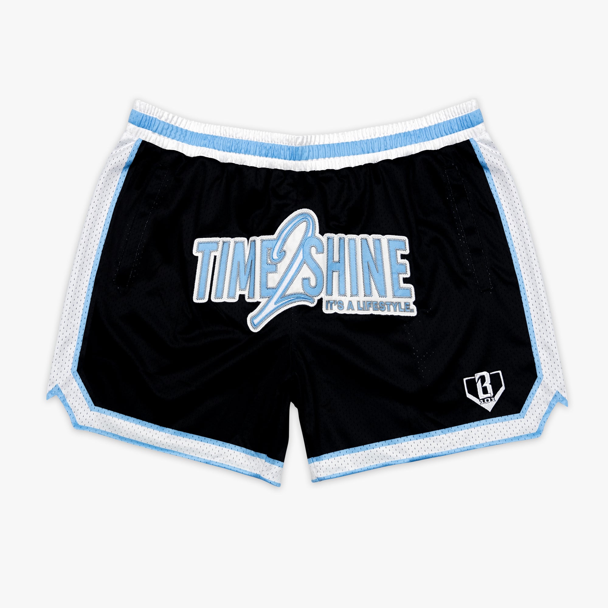 Youth model wearing youth shorts with "Time 2 Shine" design