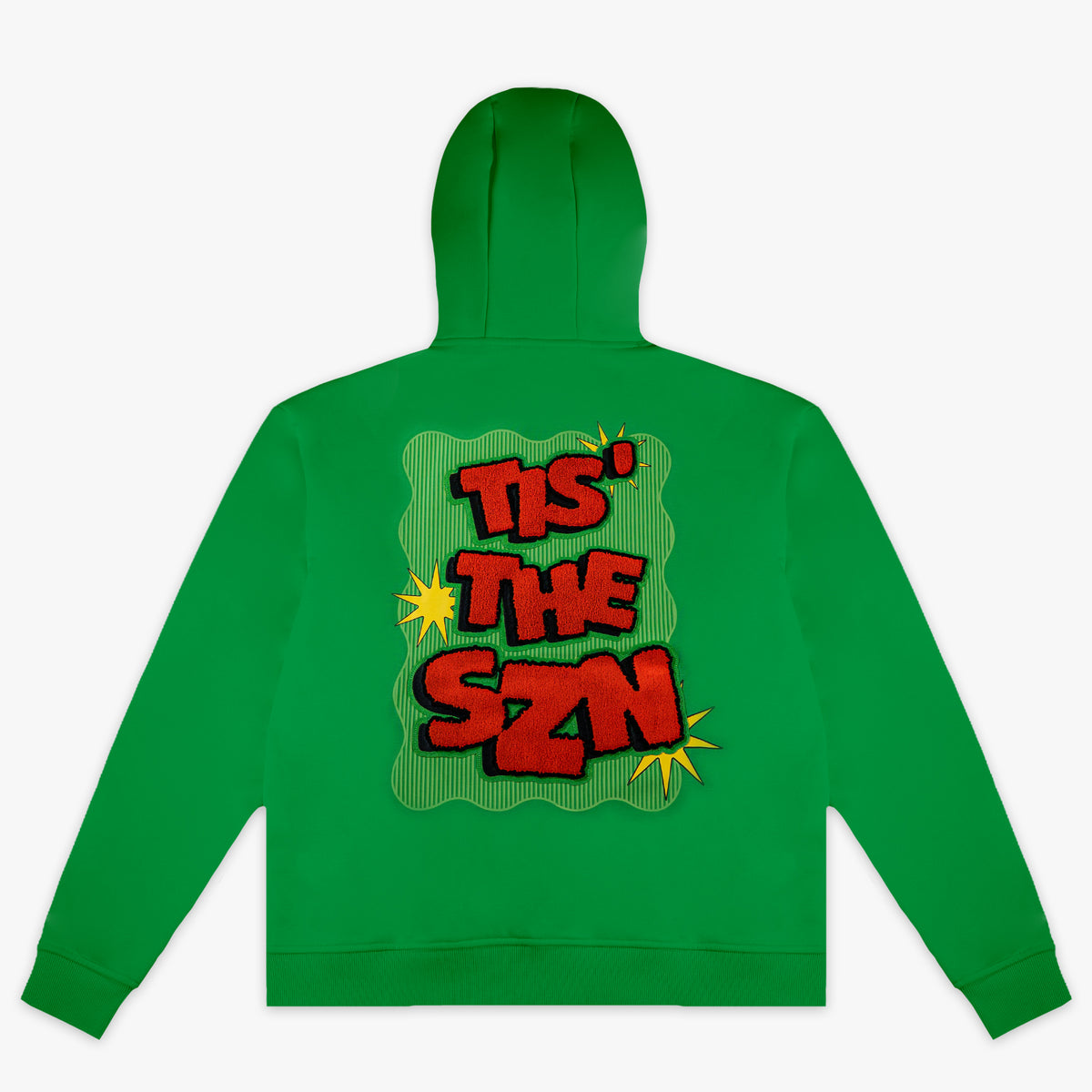 Green hoodie with "Tis The SZN" design — back view