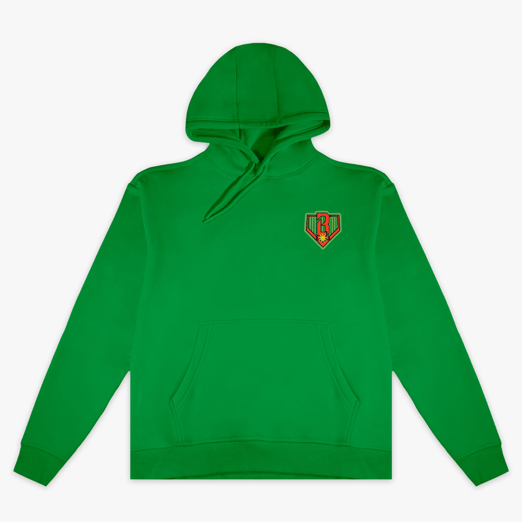 Green hoodie with "Tis The SZN" design — front view