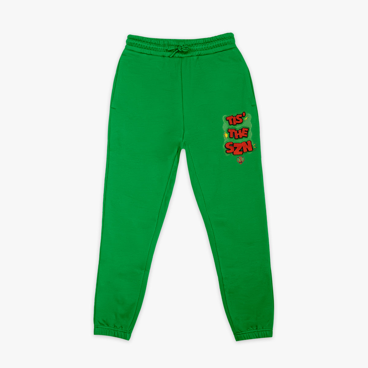 Green youth sweatpants with "Tis The SZN" design — front view