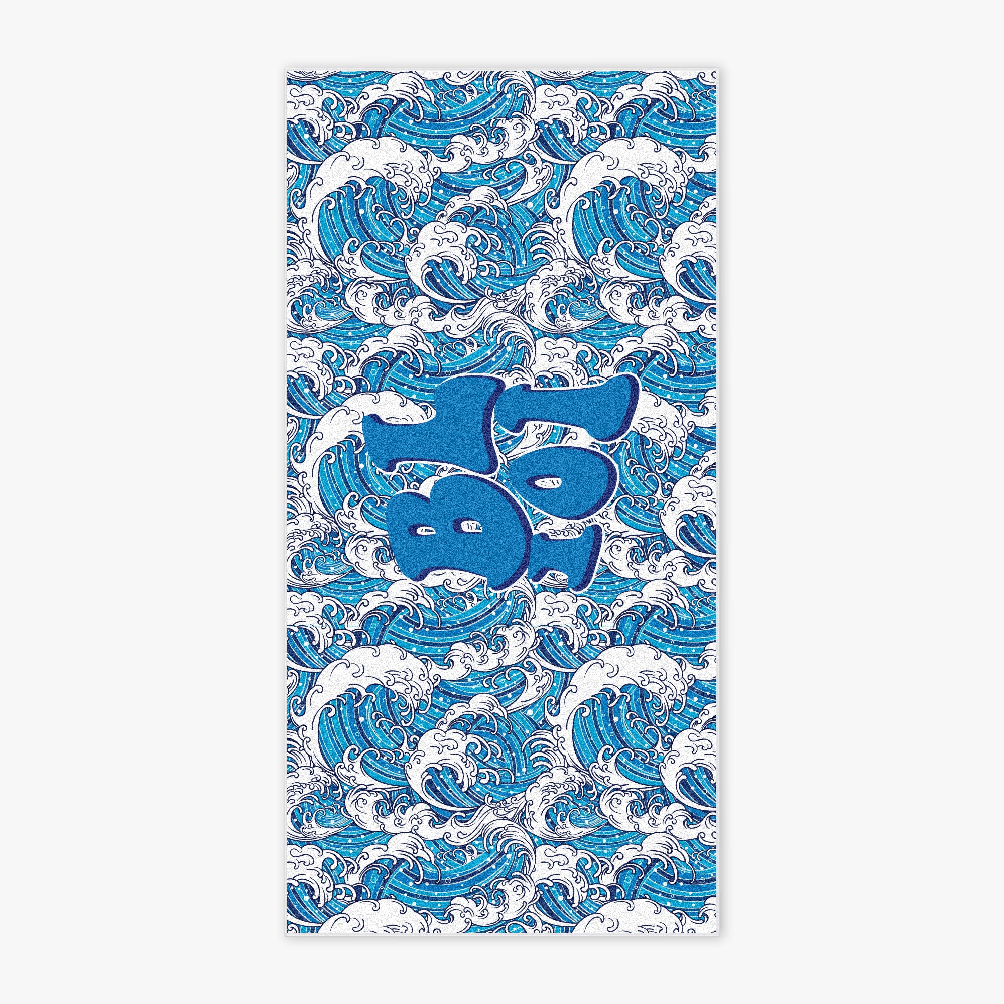 Flat lay of BL101 beach towel featuring an all-over wave pattern and bold center BL101 logo.