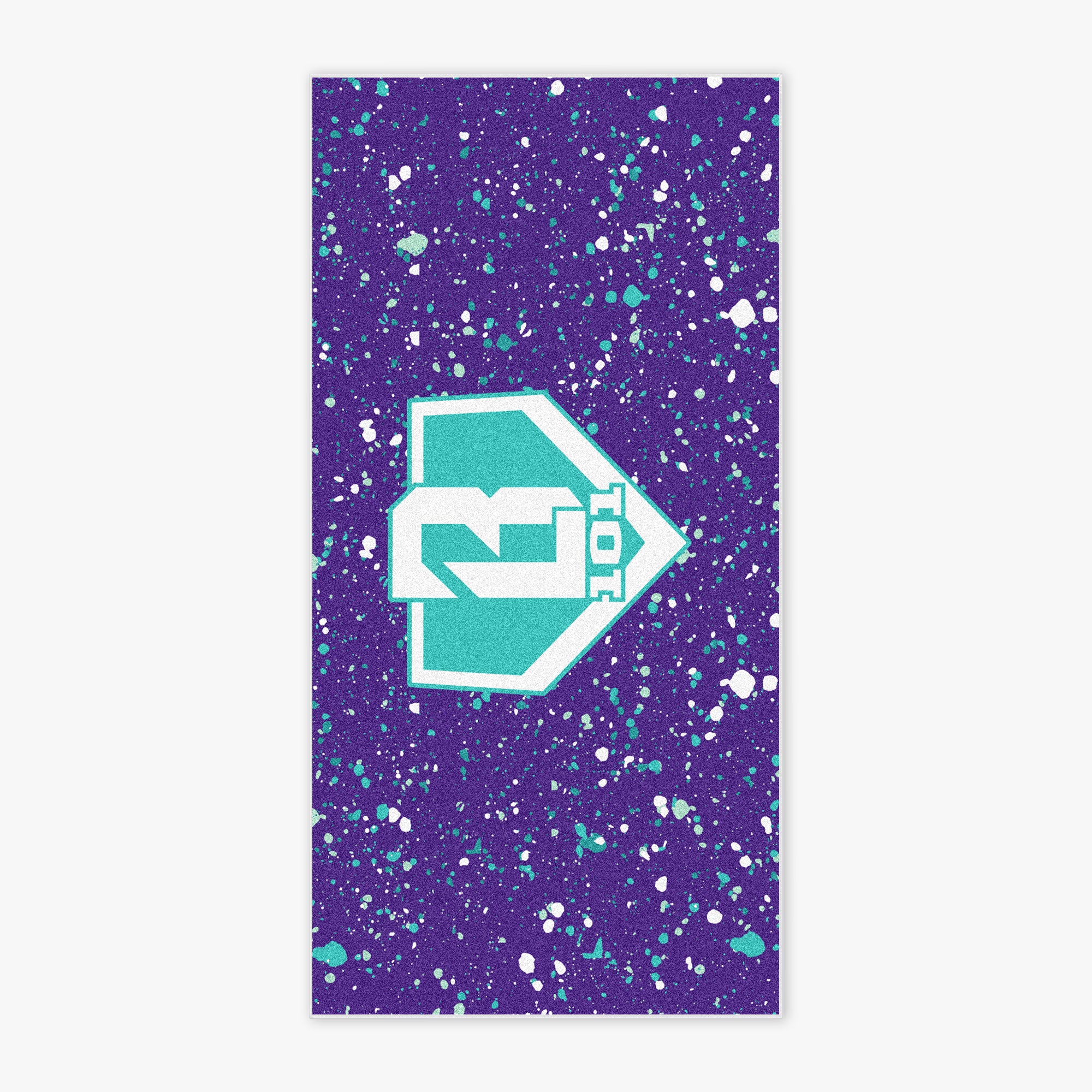 Flat lay of BL101 beach towel in purple with teal and white paint splatter and a bold teal BL101 logo in the center.