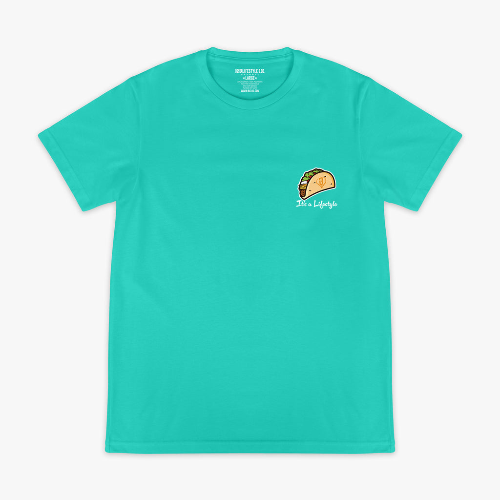 Teal t-shirt with a taco graphic design and 'It's a lifestyle' text