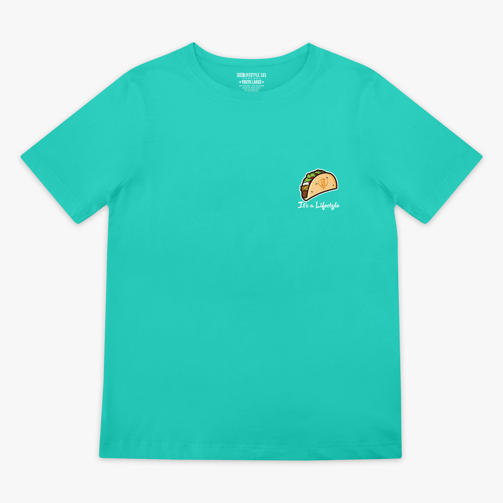 Teal t-shirt with a taco graphic design and 'It's a lifestyle' text