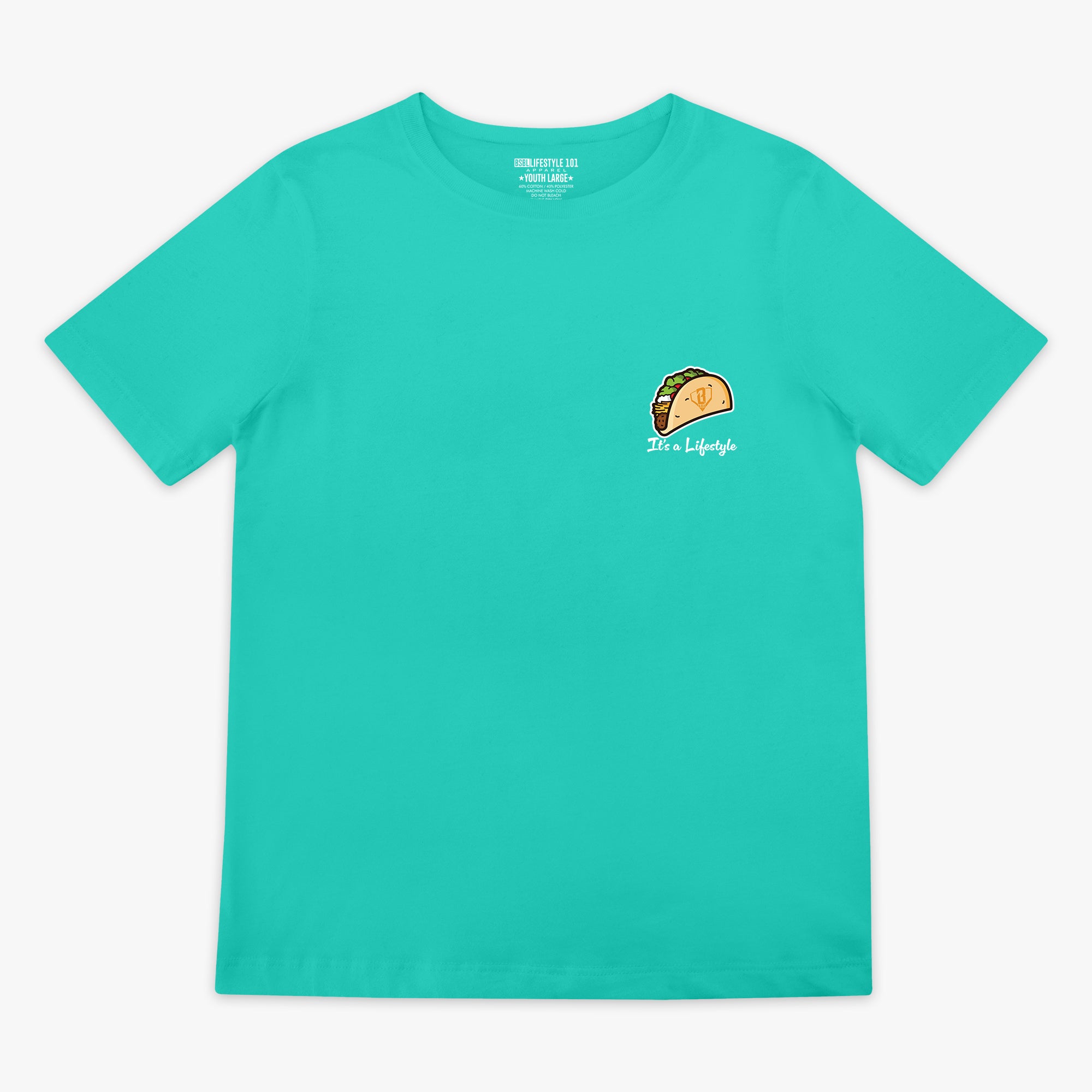 Teal t-shirt with a taco graphic design and 'It's a lifestyle' text