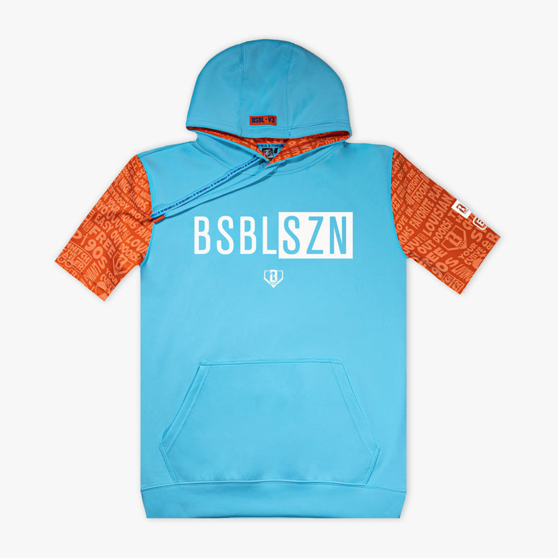 Blue BSBL-SZN V3 short sleeve hoodie — front view