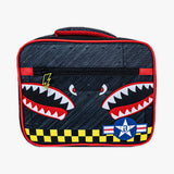 Adult model wearing multi-color lunch box with "Unit 101 SZN 2" design