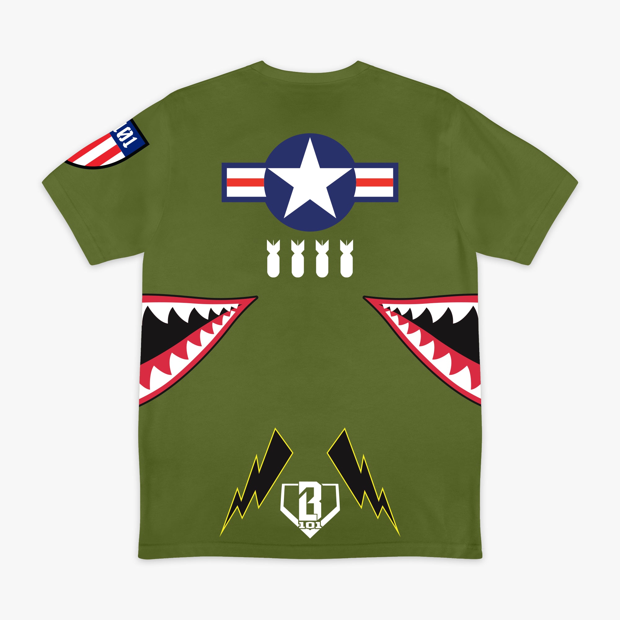 Army green graphic T-Shirt with shark mouth print, military star emblem, BL101 armor logo on sleeve and white BL101 logo on bottom