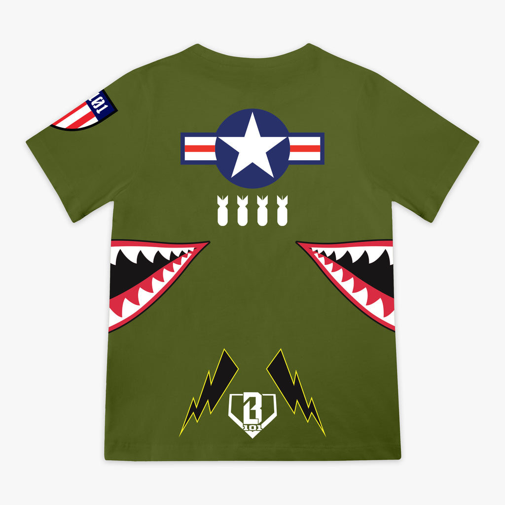 Youth Army green graphic T-Shirt with shark mouth print, military star emblem, BL101 armor logo on sleeve and white BL101 logo on bottom