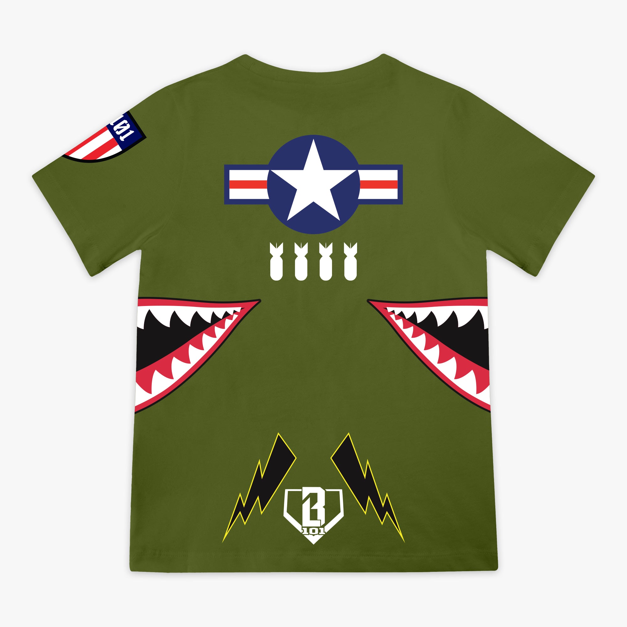 Youth Army green graphic T-Shirt with shark mouth print, military star emblem, BL101 armor logo on sleeve and white BL101 logo on bottom
