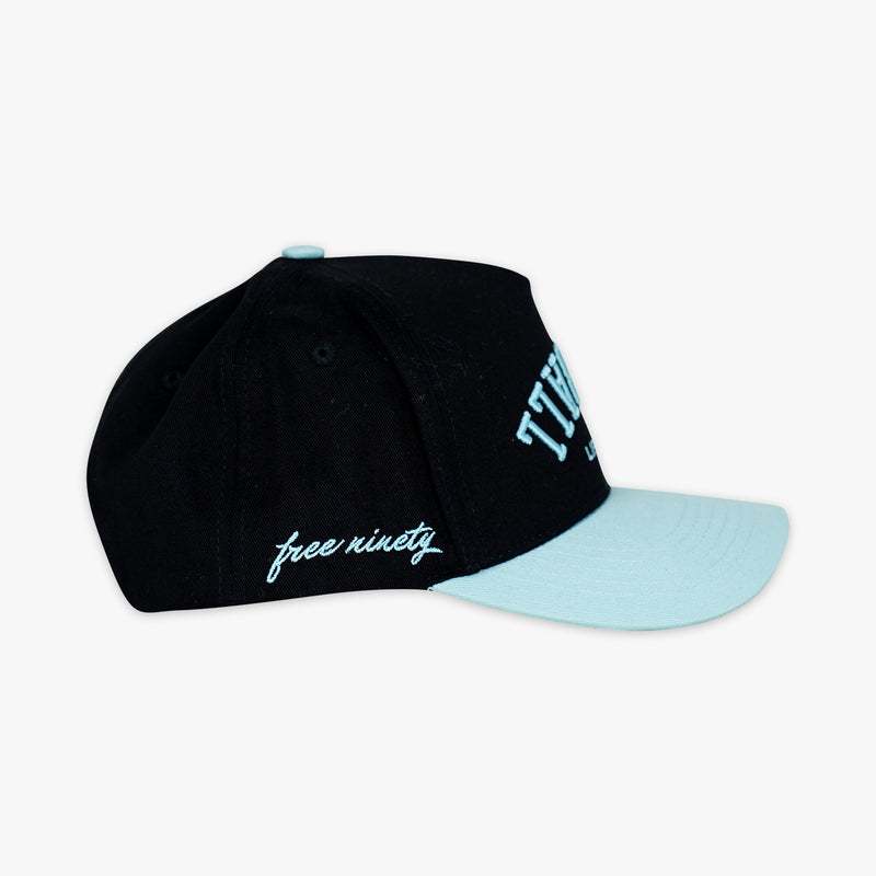 Black and light blue Upside Down Baseball hat — back view