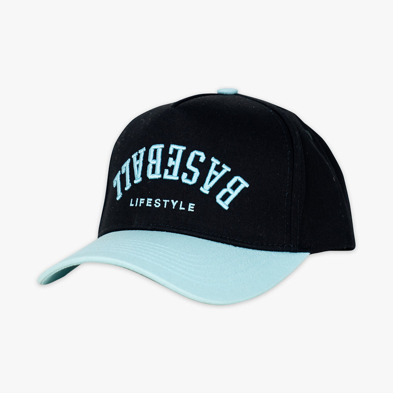 Black and light blue Upside Down Baseball hat — front view