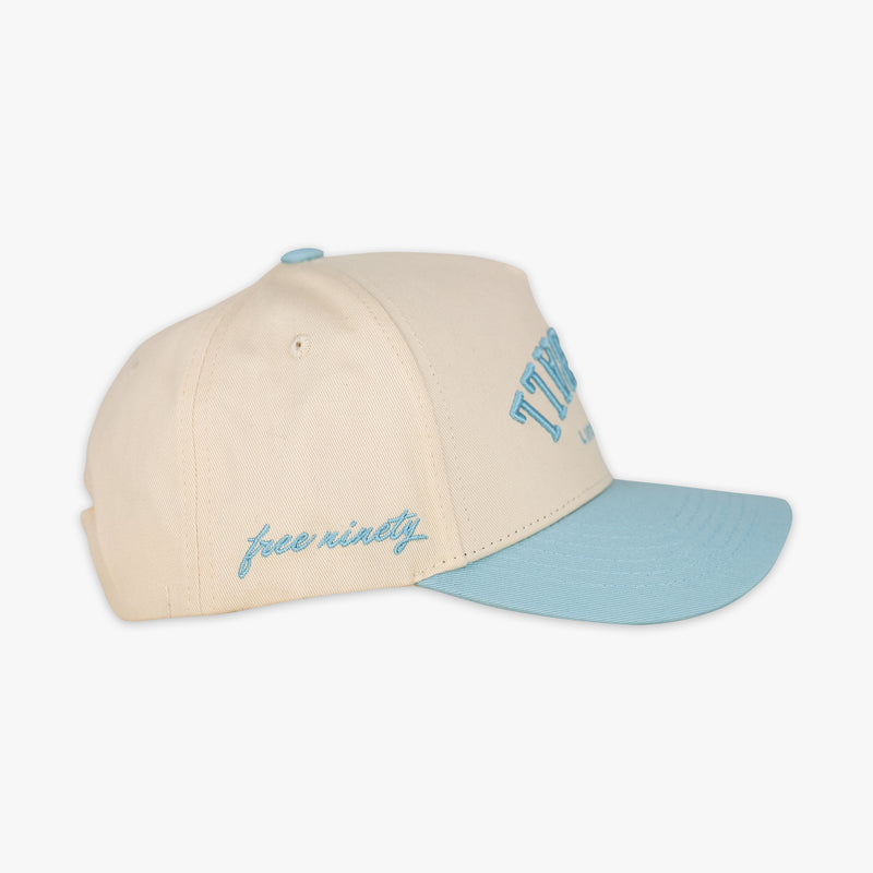 Cream and blue Upside Down Baseball hat — back view