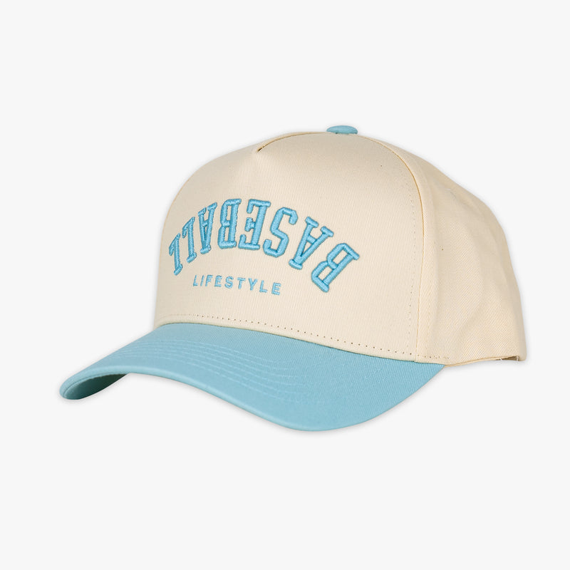Cream and blue Upside Down Baseball hat — front view