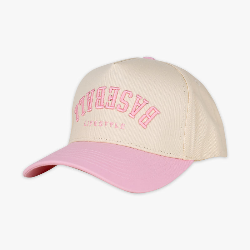Cream and pink Upside Down Baseball hat — front view