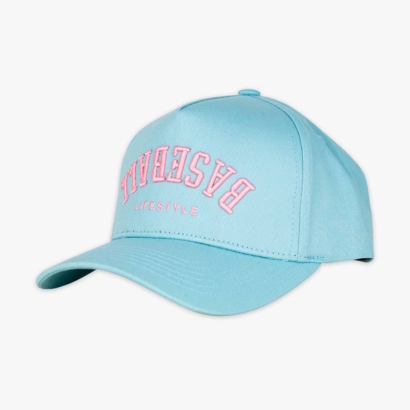 Light blue and pink Upside Down Baseball hat — front view