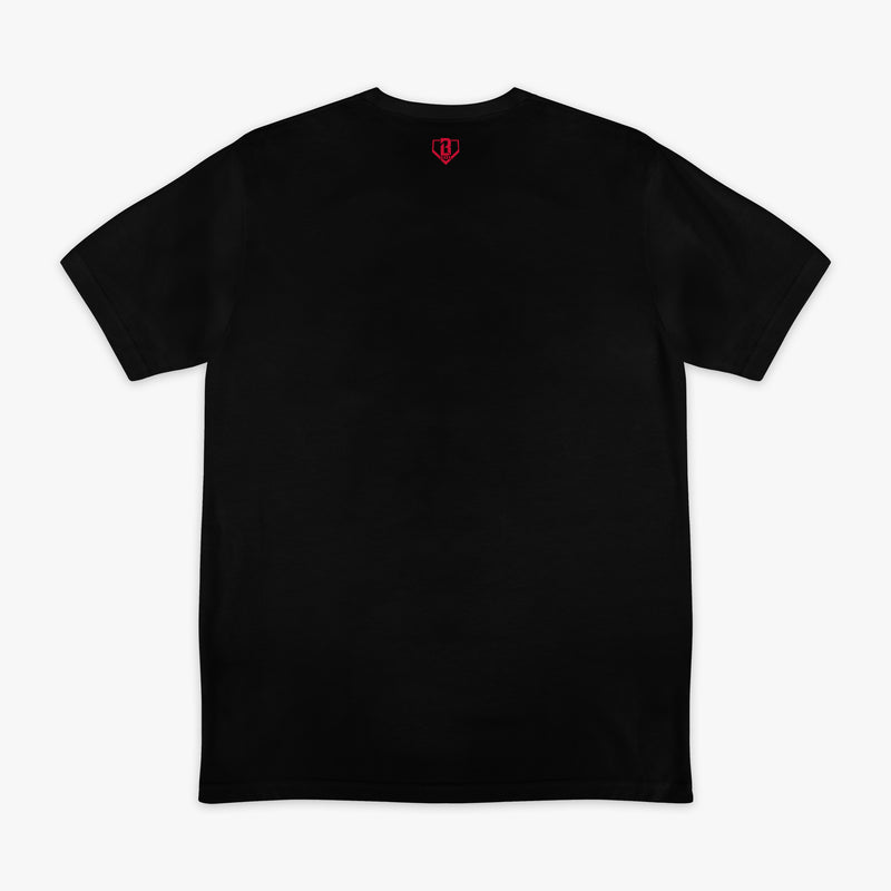 Black graphic tee with "Atlanta Braves Upside Down" design — back view