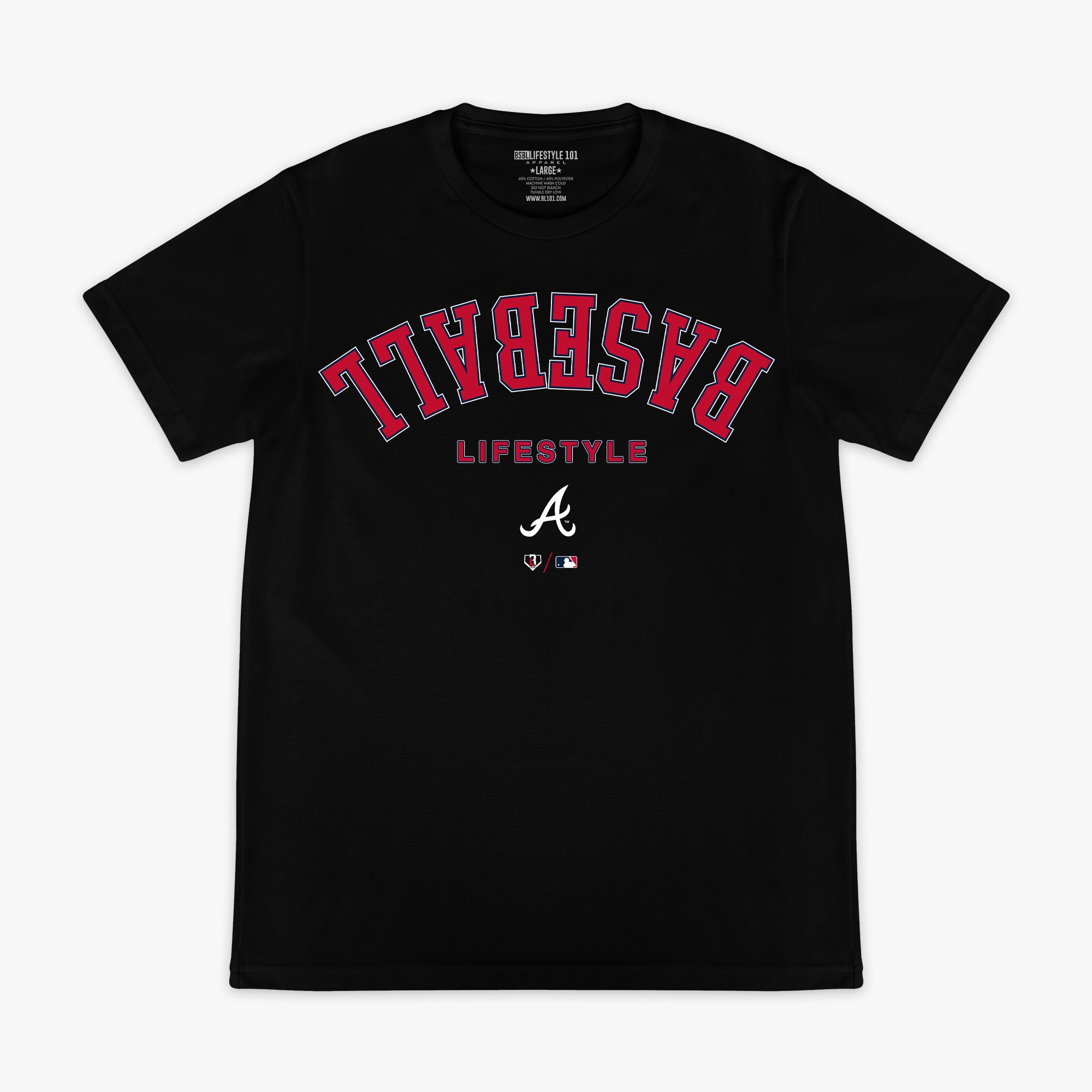 Black graphic tee with "Atlanta Braves Upside Down" design — front view