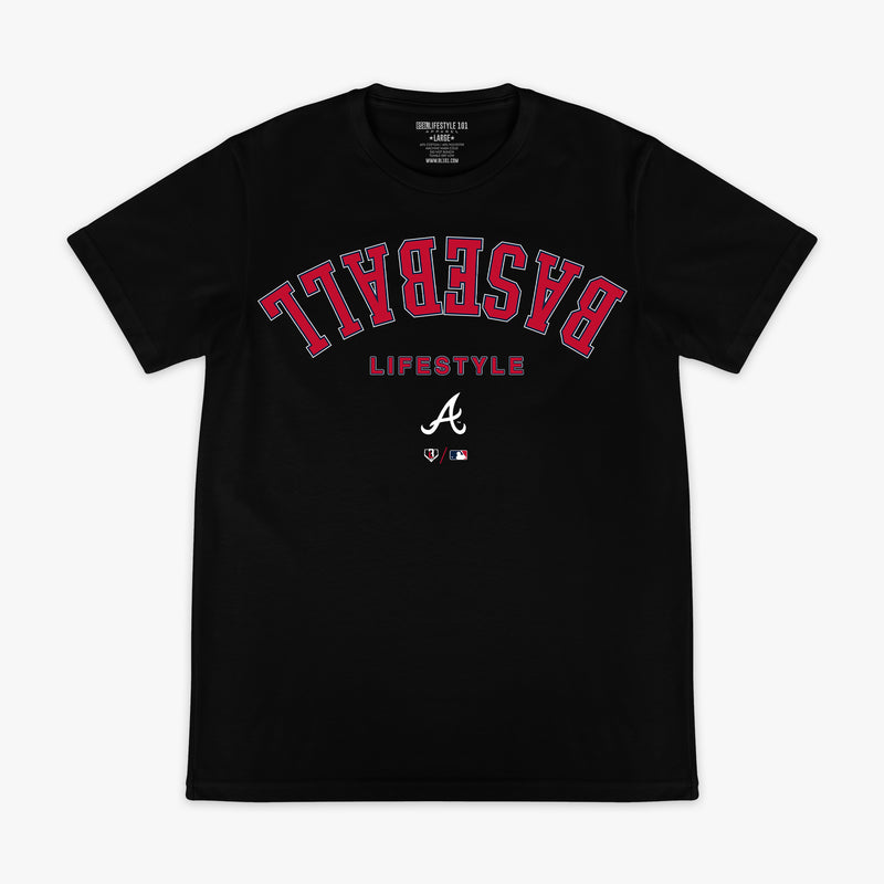 Black graphic tee with "Atlanta Braves Upside Down" design — front view