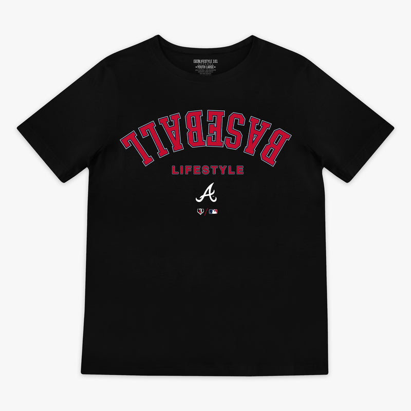 Black youth graphic tee with "Atlanta Braves Upside Down" design — front view