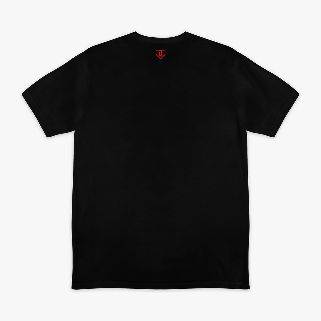 Black graphic tee with "Chicago Cubs Upside Down" design — back view
