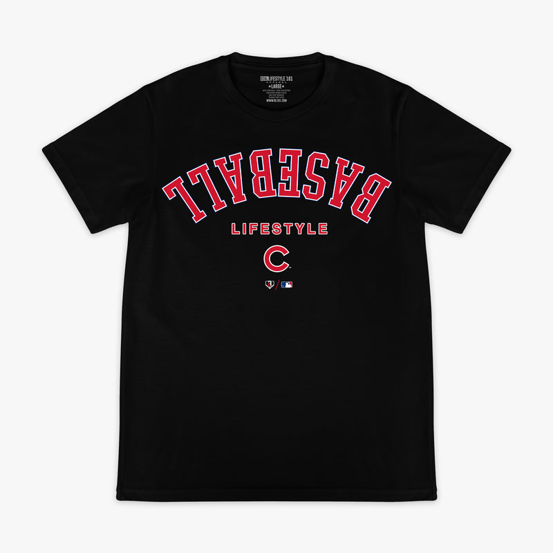 Black graphic tee with "Chicago Cubs Upside Down" design — front view