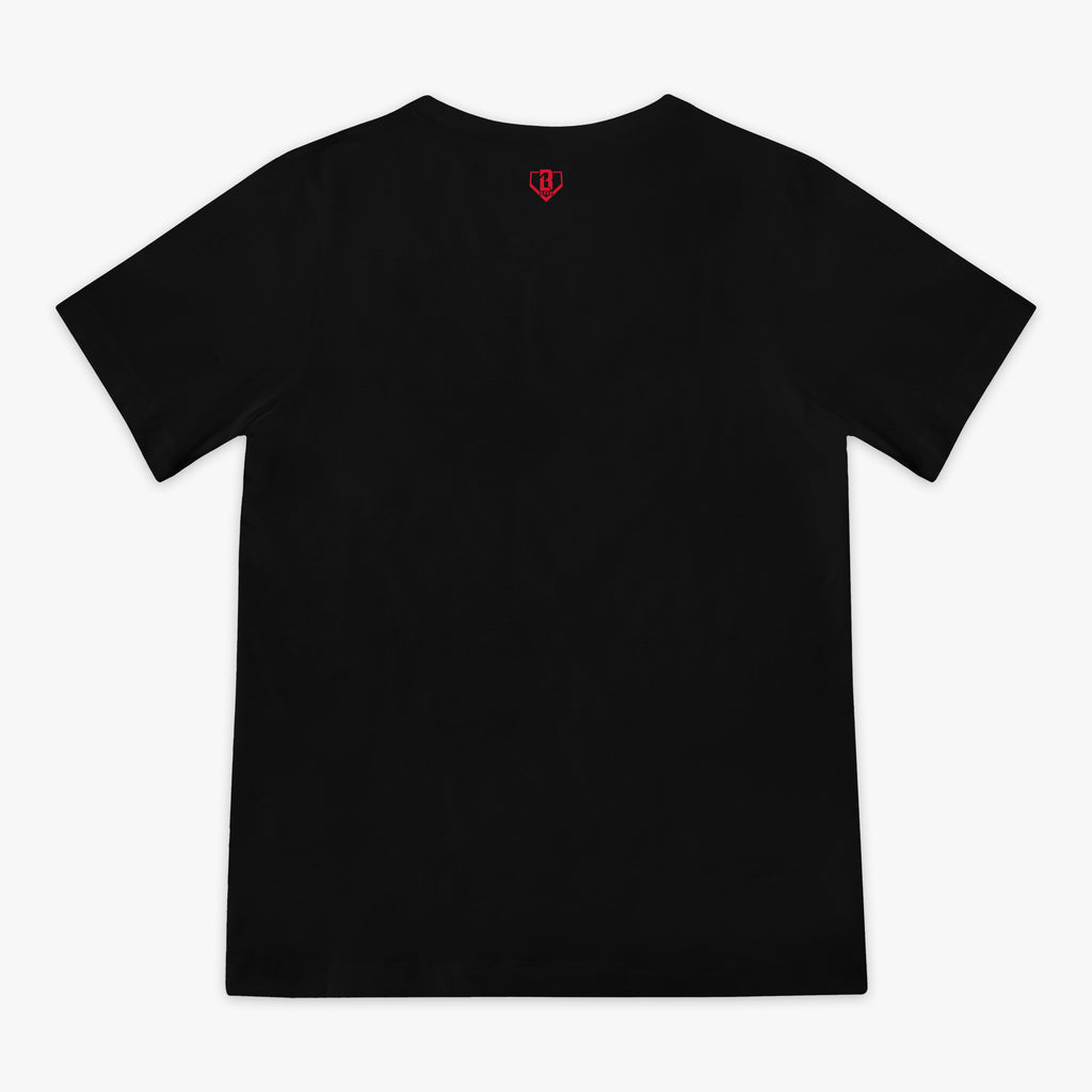 Black youth graphic tee with "Chicago Cubs Upside Down" design — back view