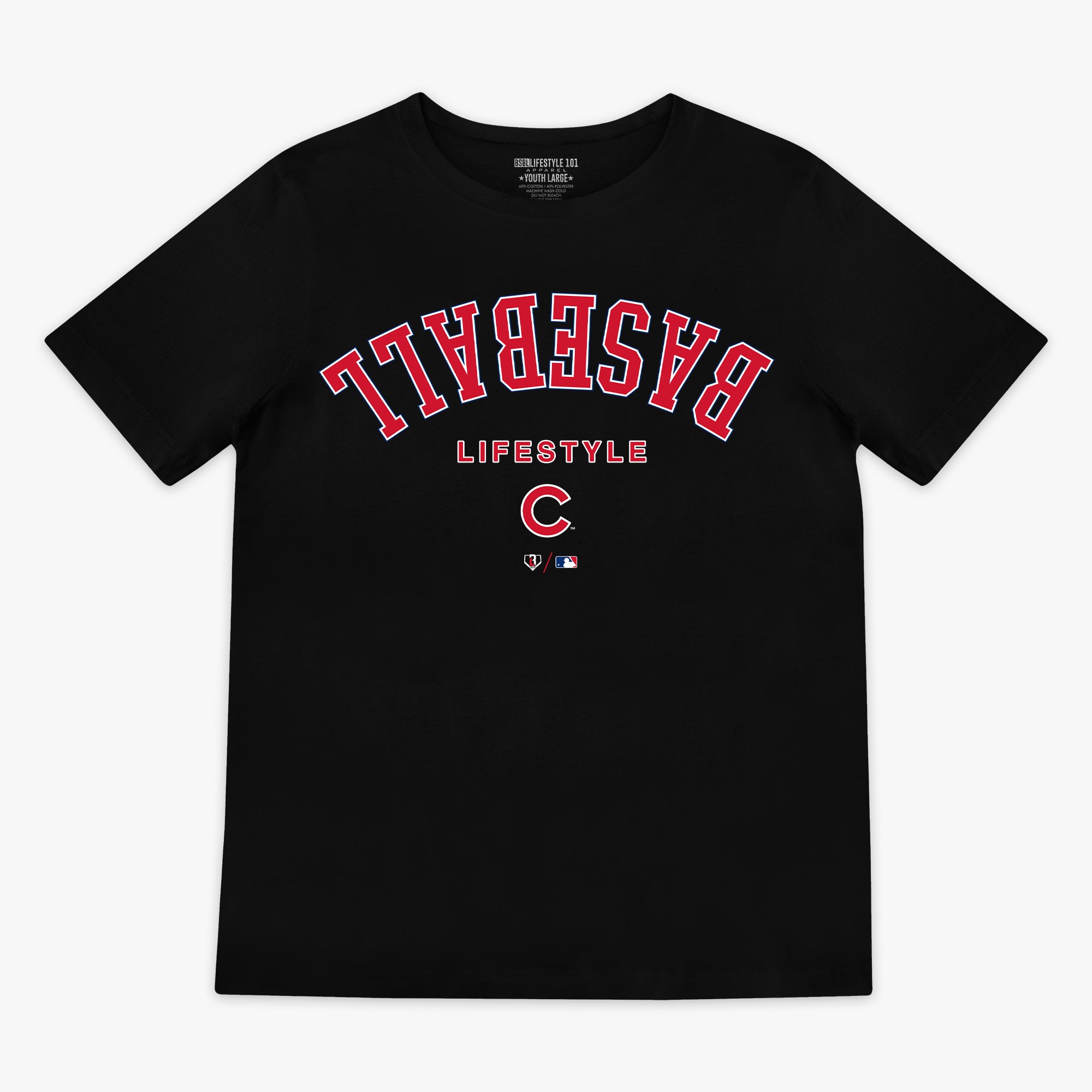 Black youth graphic tee with "Chicago Cubs Upside Down" design — front view