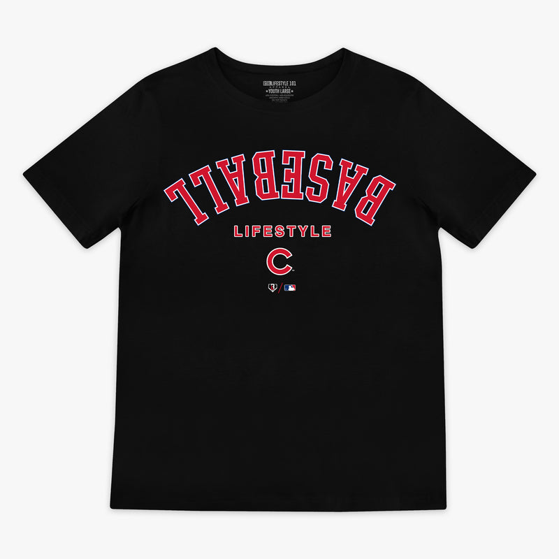 Black youth graphic tee with "Chicago Cubs Upside Down" design — front view