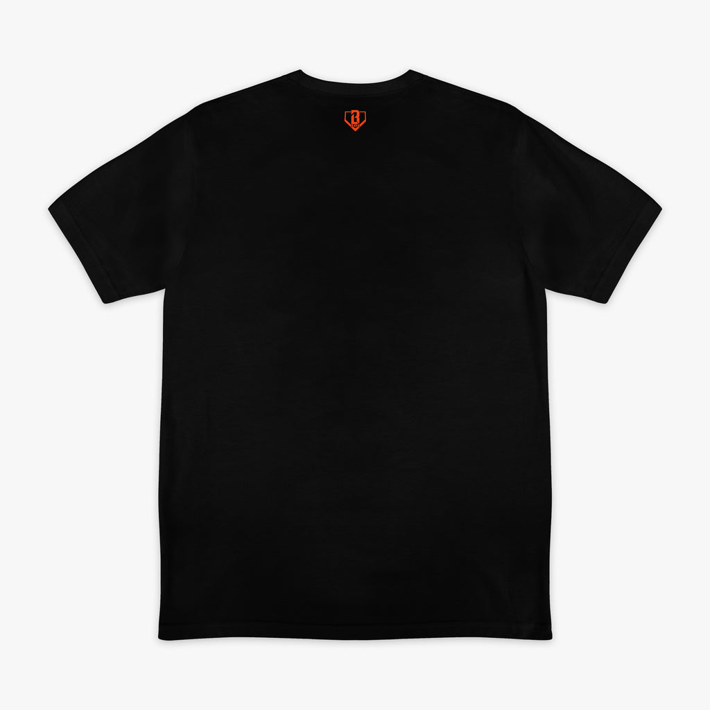 Black graphic tee with "Detroit Tigers Upside Down" design — back view