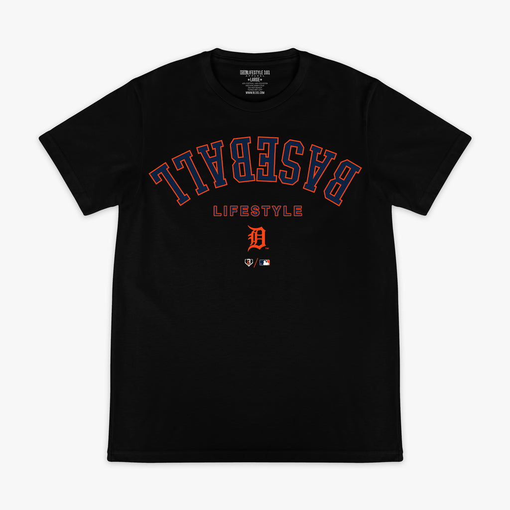 Black graphic tee with "Detroit Tigers Upside Down" design — front view