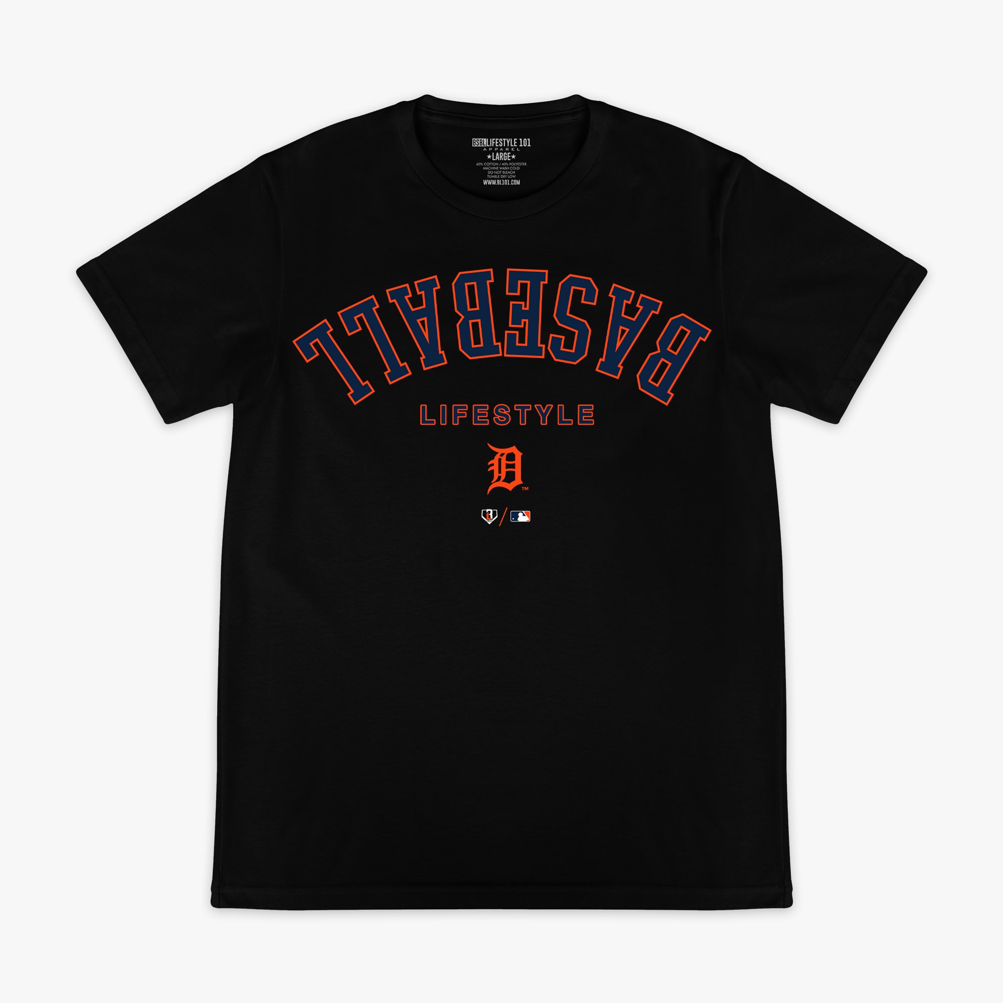 Black graphic tee with "Detroit Tigers Upside Down" design — front view