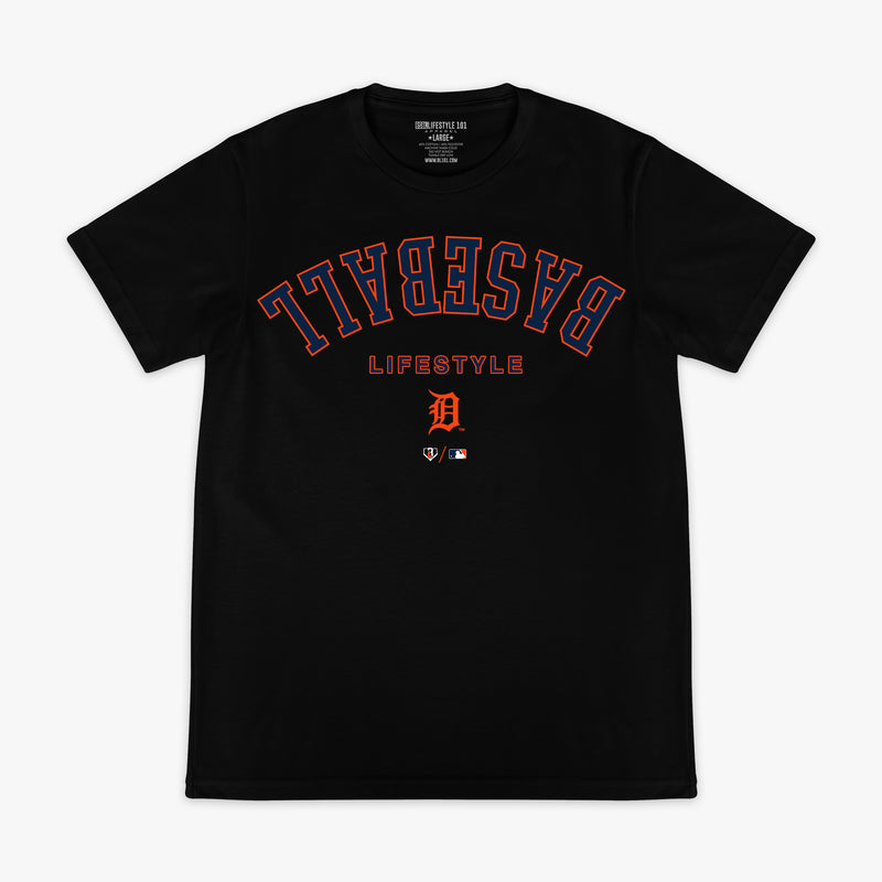 Black graphic tee with "Detroit Tigers Upside Down" design — front view