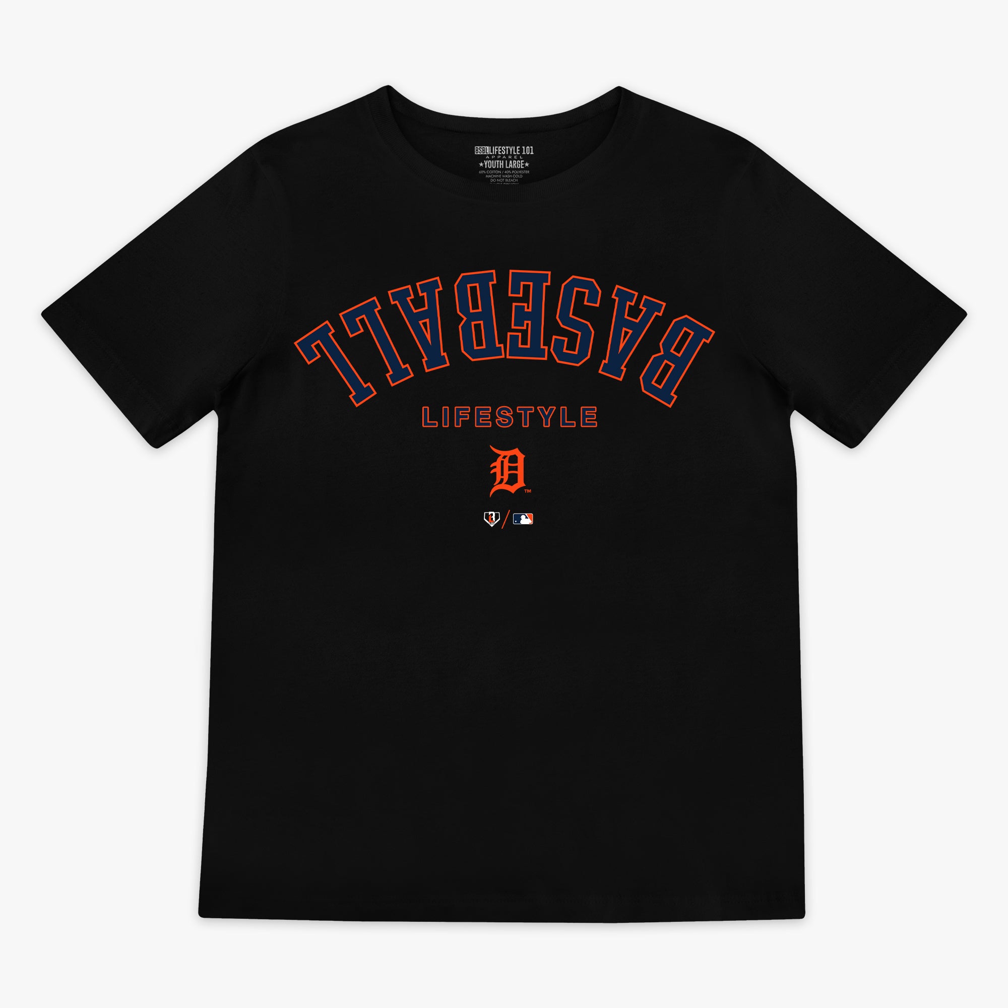 Black youth graphic tee with "Detroit Tigers Upside Down" design — front view