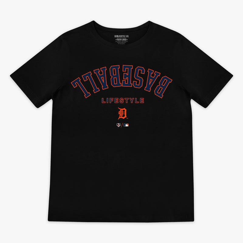 Black youth graphic tee with "Detroit Tigers Upside Down" design — front view