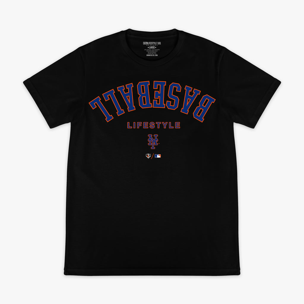 Black graphic tee with "New York Mets Upside Down" design — front view