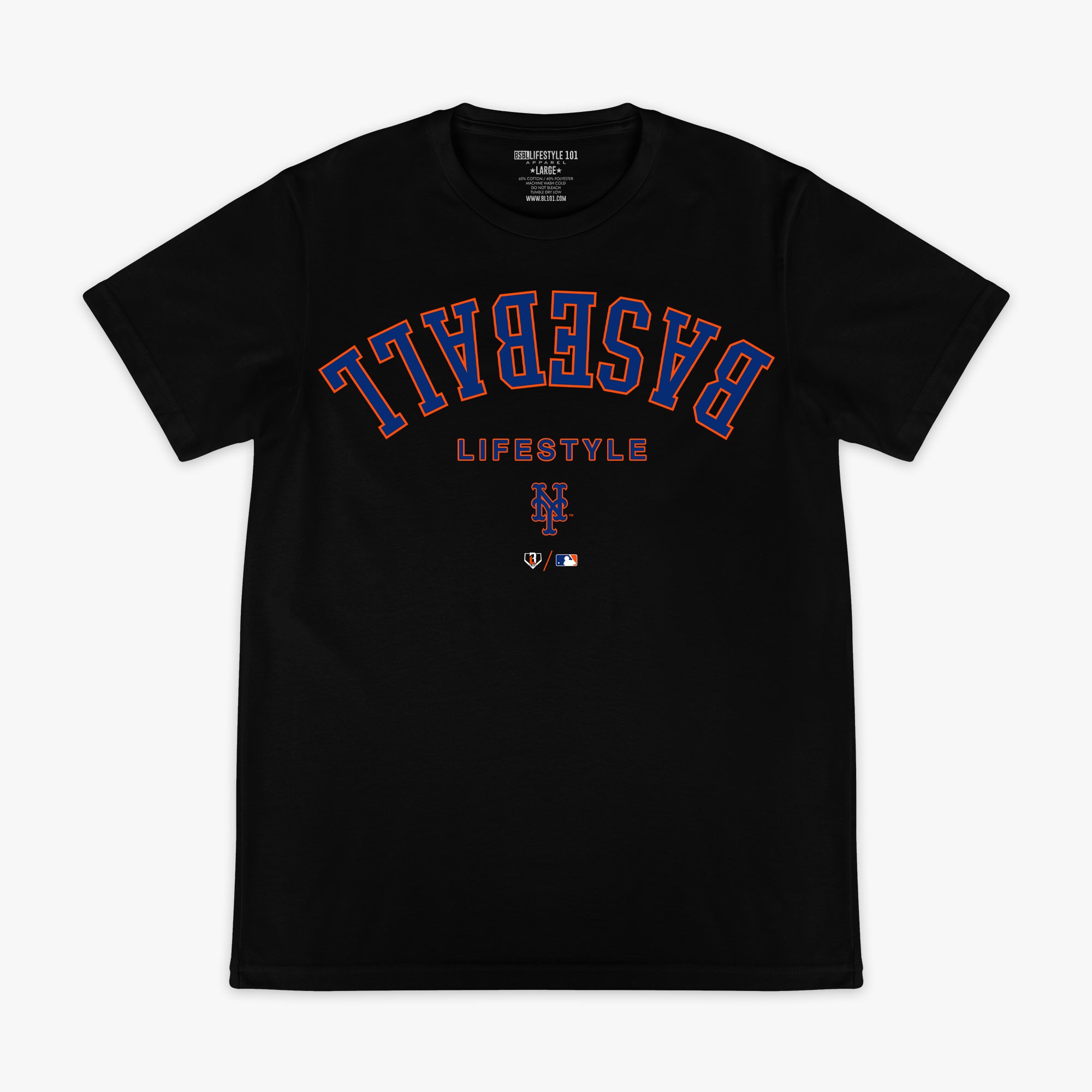 Black graphic tee with "New York Mets Upside Down" design — front view