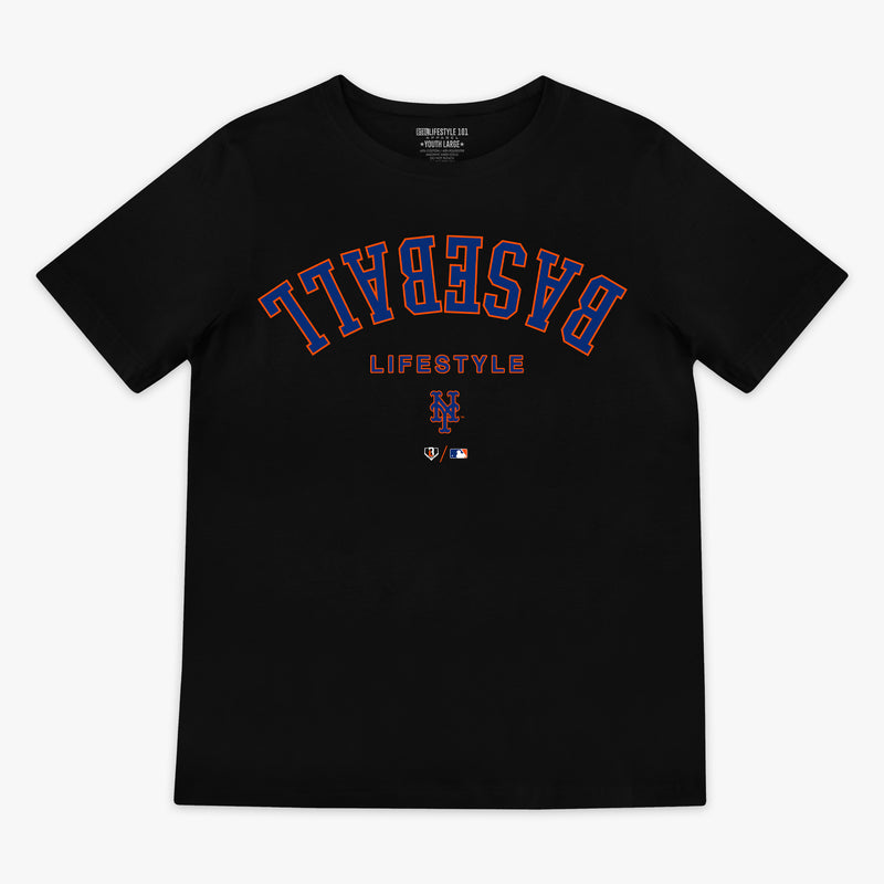 Black youth graphic tee with "New York Mets Upside Down" design — front view