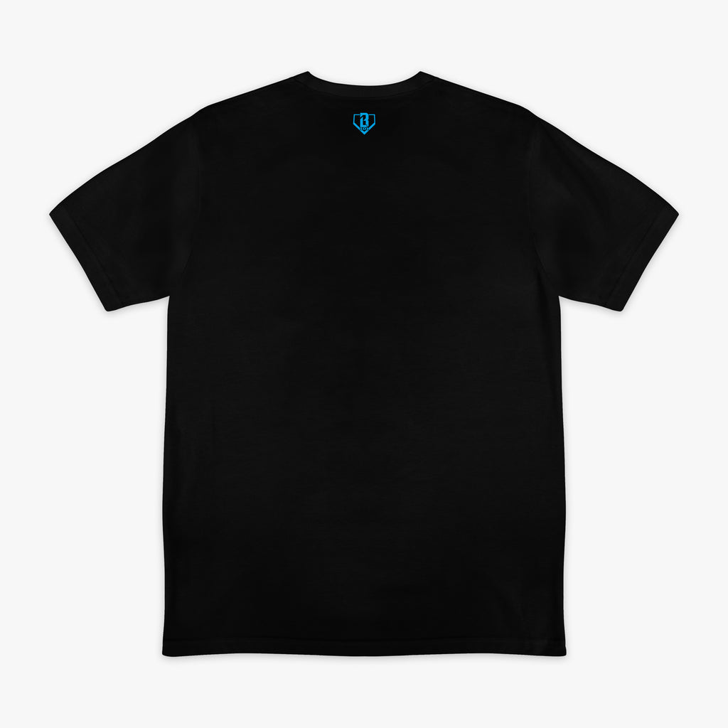 Black graphic tee with "Miami Marlins Upside Down" design — back view
