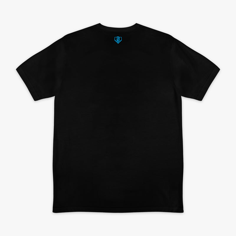Black graphic tee with "Miami Marlins Upside Down" design — back view